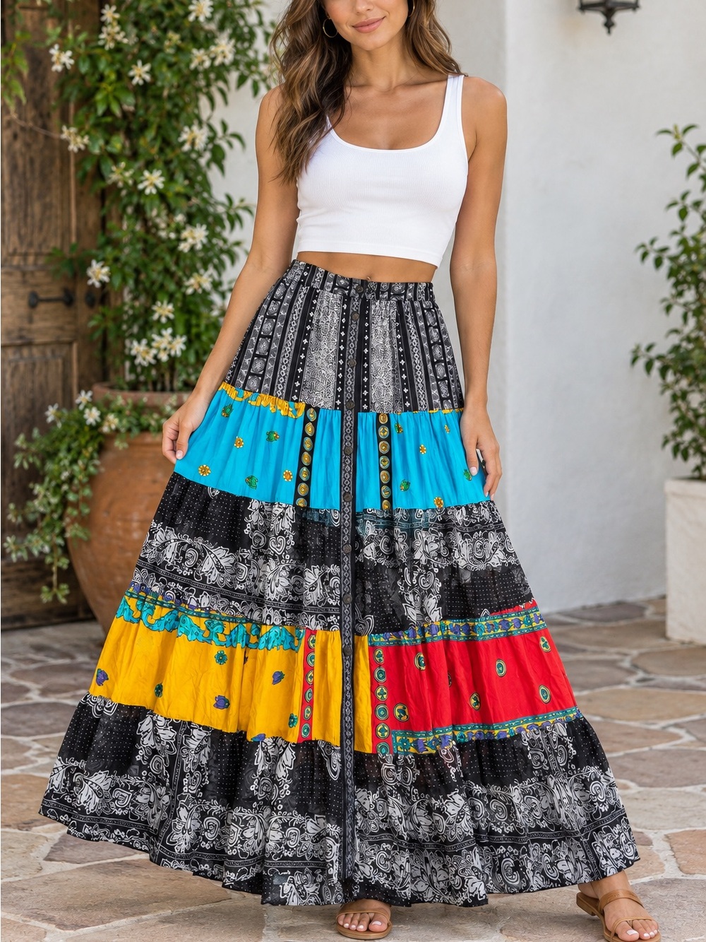 Surya Patchwork Boho Tiered Button Down Maxi Skirt
